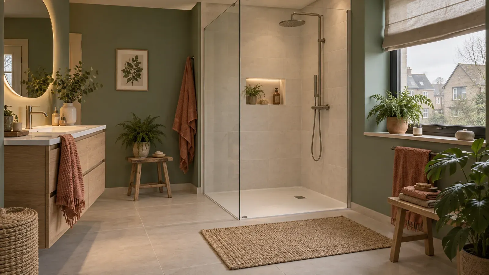 Salle de bain sage avec douche extra-plate, illustration 3D